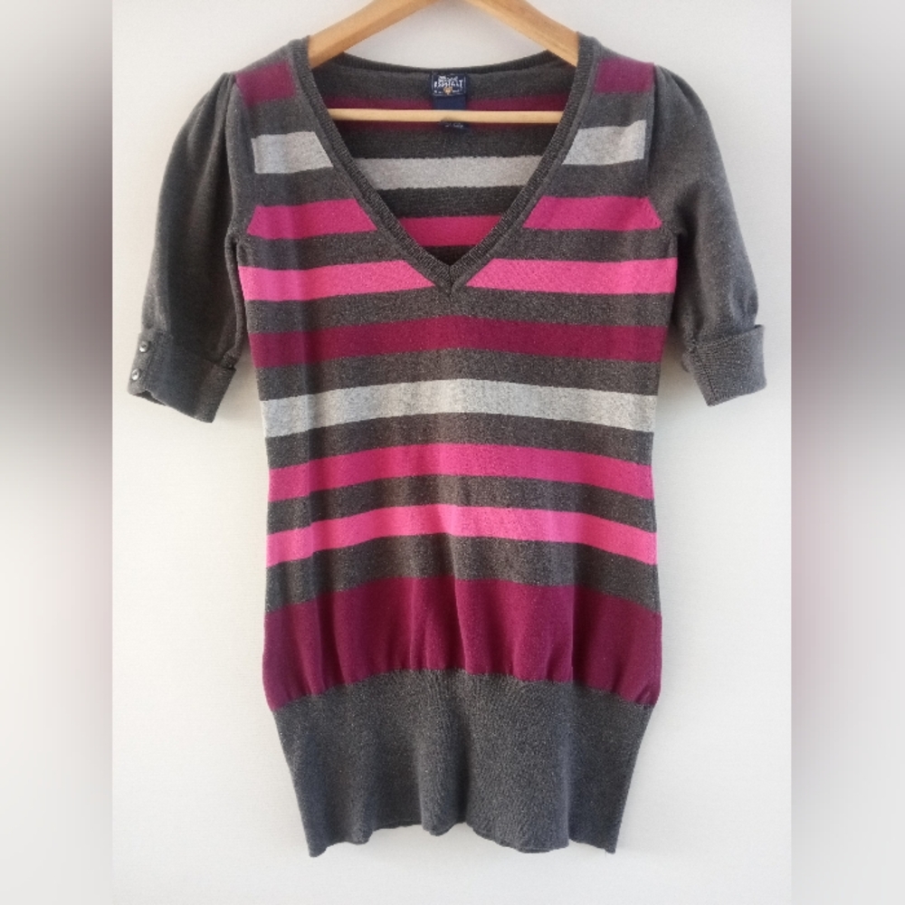Blue Asphalt V-Neck Striped Short Sleeve Sweater Gray Pink Size XL